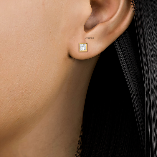 Princess cut bezel lab diamond stud earrings in 14K gold - sustainable luxury studs