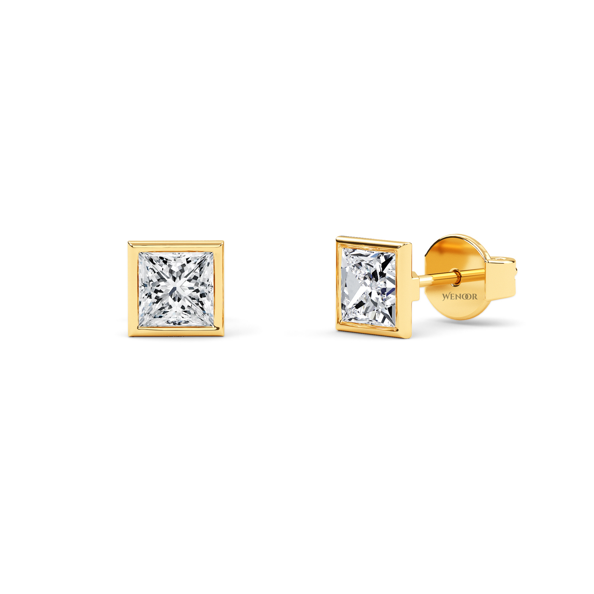 Princess cut bezel lab diamond stud earrings in 14K gold - sustainable luxury studs