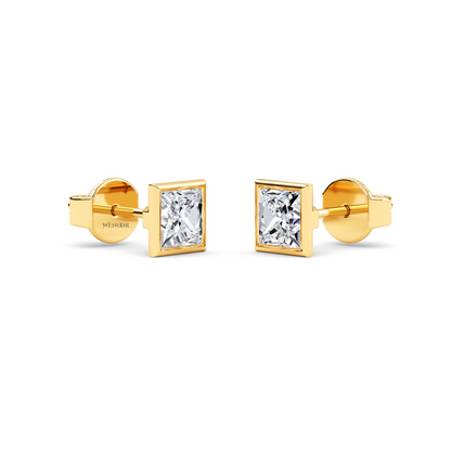 Princess cut bezel lab diamond stud earrings in 14K gold - sustainable luxury studs