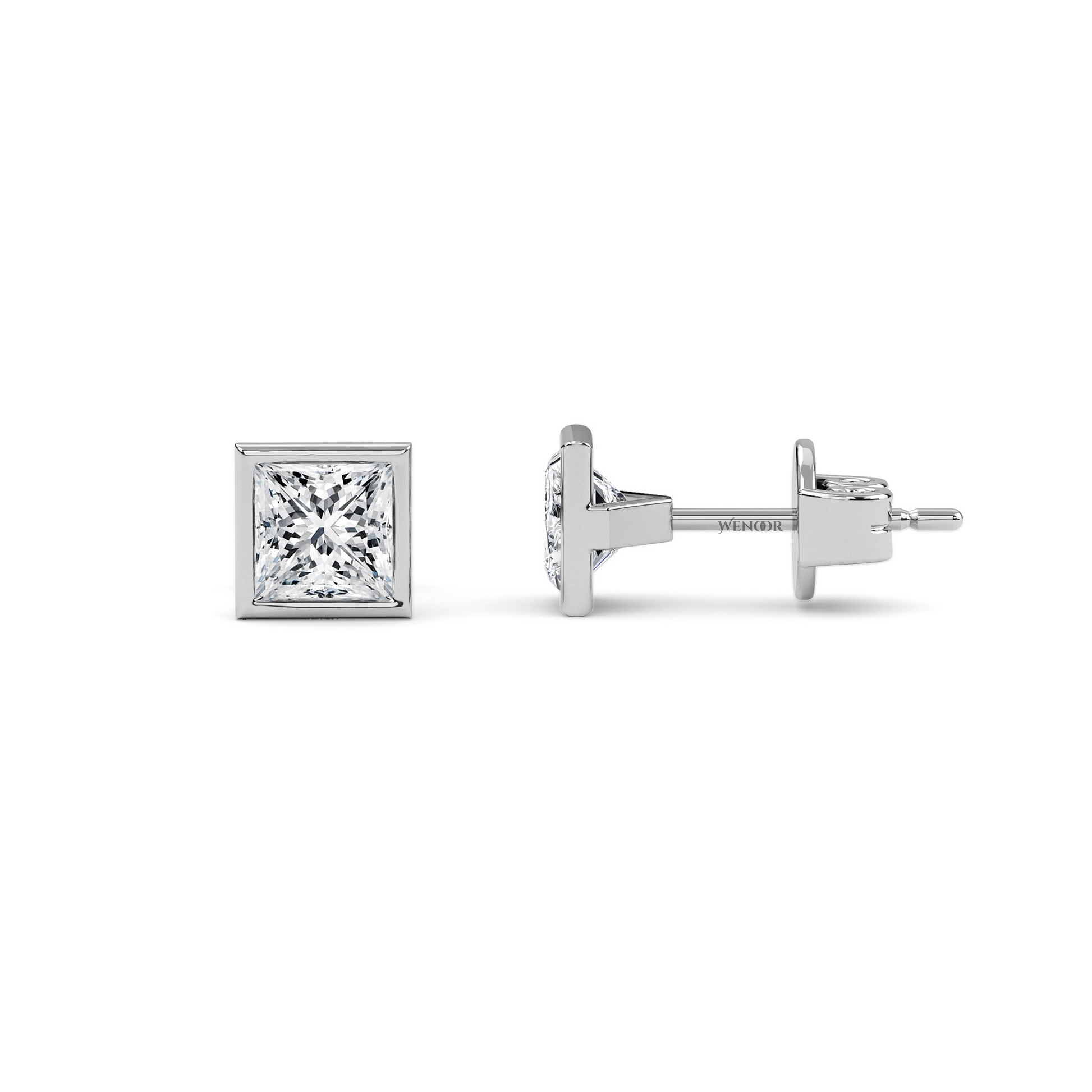 Princess cut bezel lab diamond stud earrings in 14K gold - sustainable luxury studs