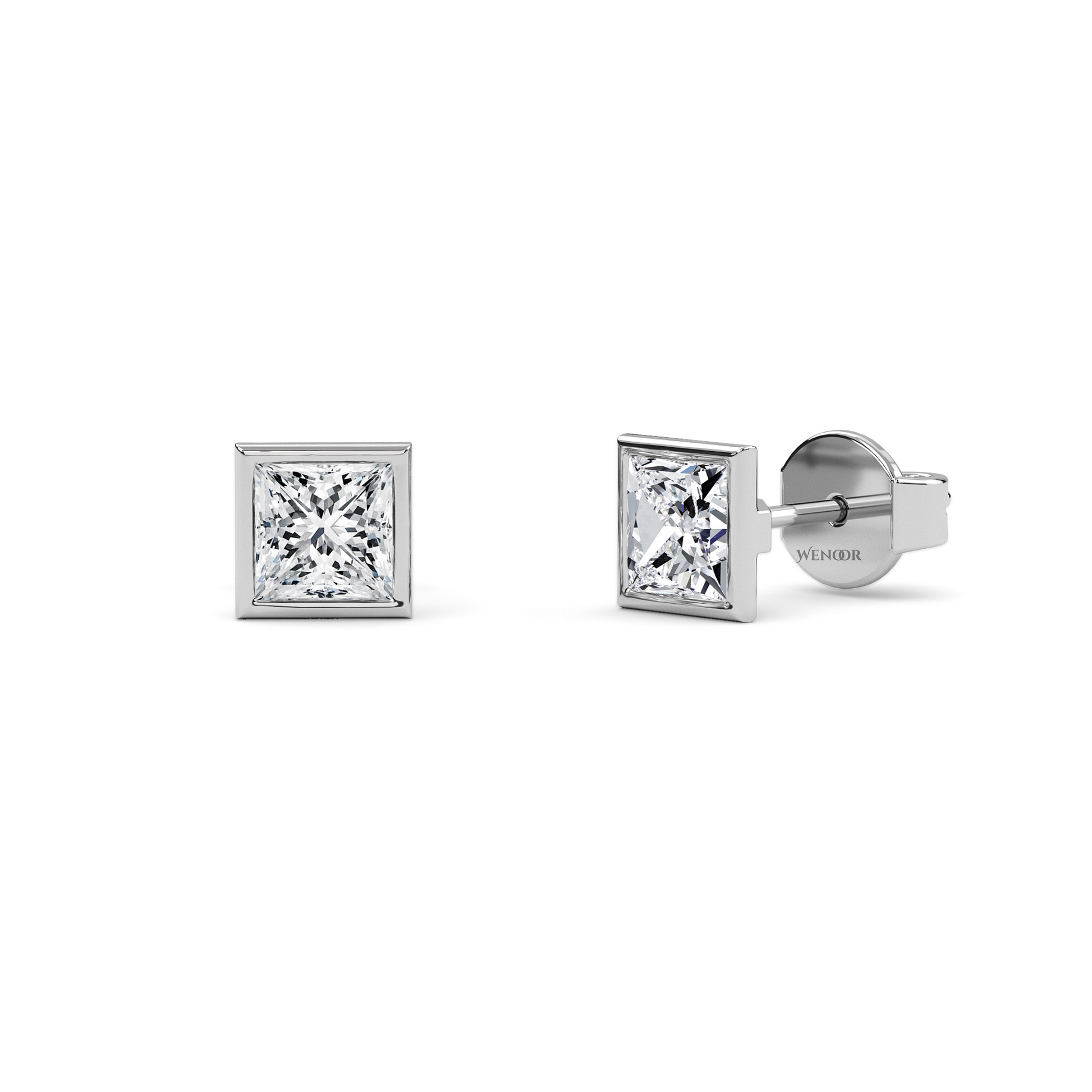 Princess cut bezel lab diamond stud earrings in 14K gold - sustainable luxury studs