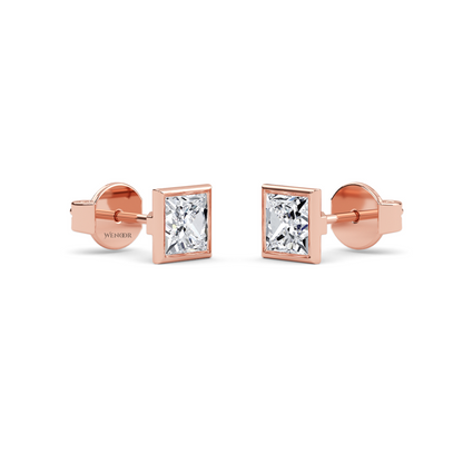 Princess cut bezel lab diamond stud earrings in 14K gold - sustainable luxury studs