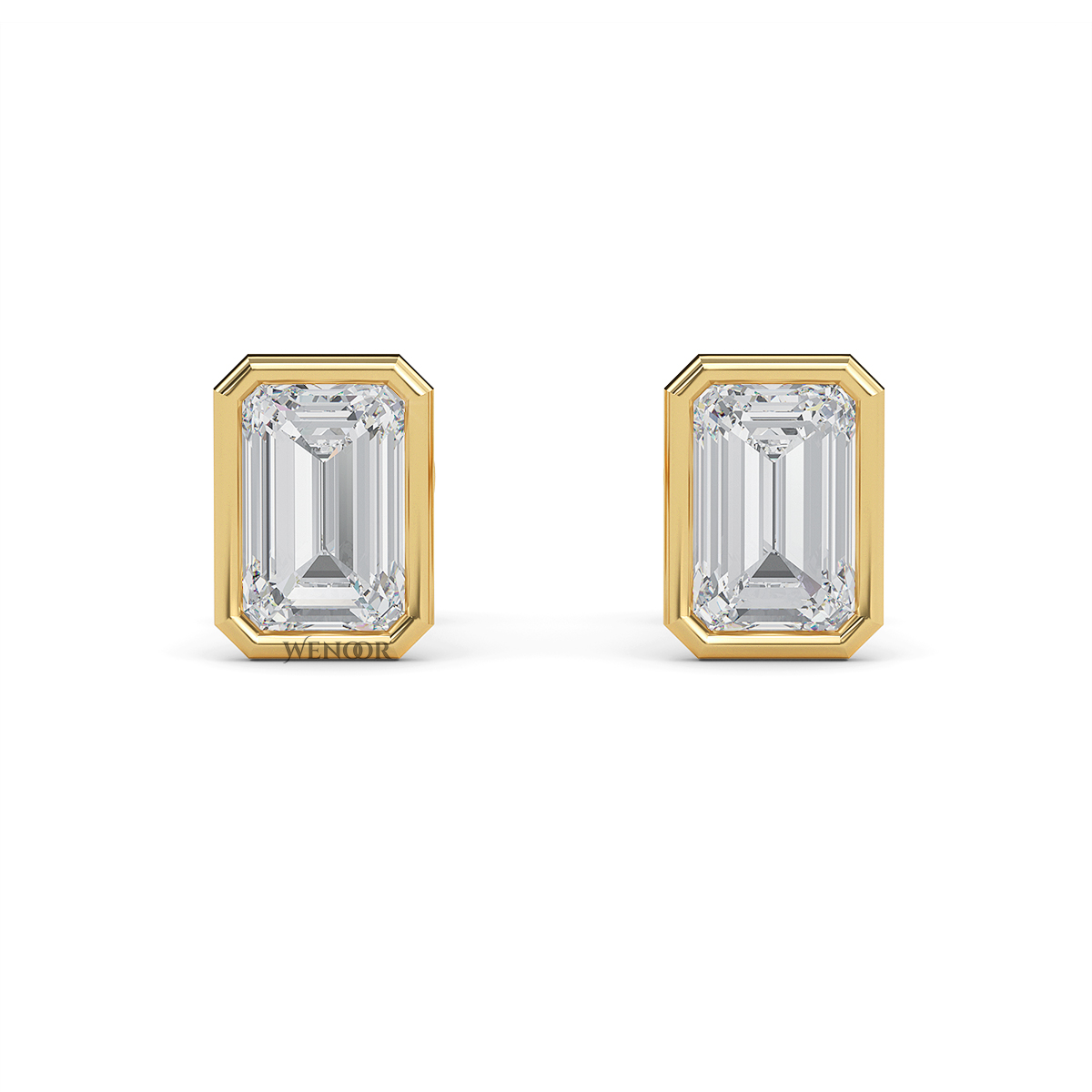 Woman wearing emerald cut bezel stud lab diamond earrings – sustainable fine jewelry