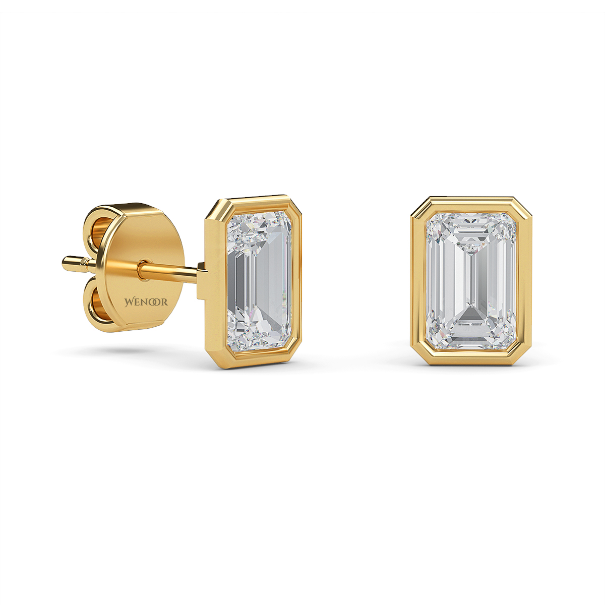 Woman wearing emerald cut bezel stud lab diamond earrings – sustainable fine jewelry