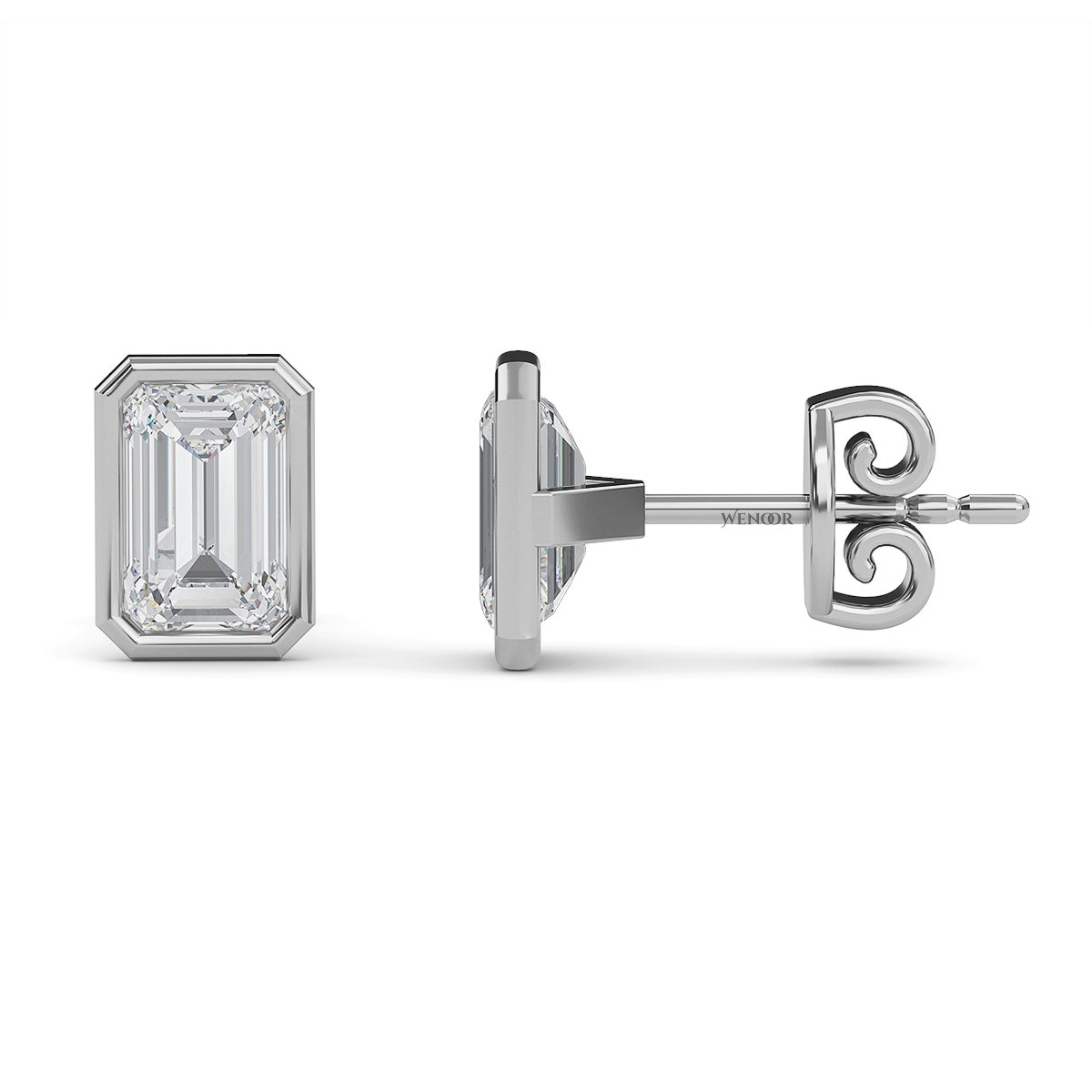 Woman wearing emerald cut bezel stud lab diamond earrings – sustainable fine jewelry