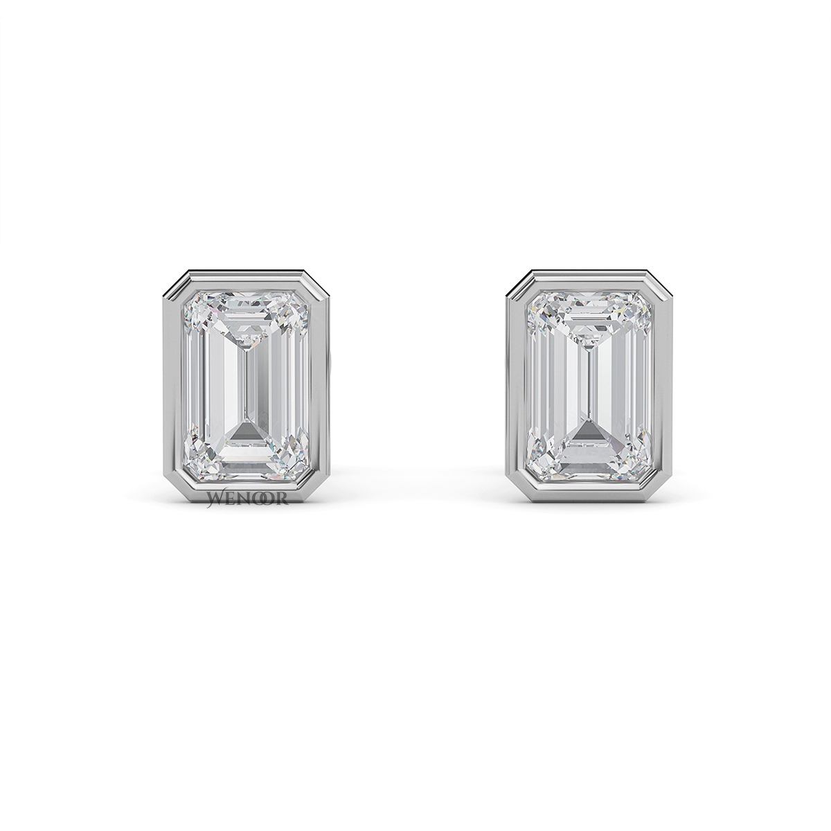 Woman wearing emerald cut bezel stud lab diamond earrings – sustainable fine jewelry