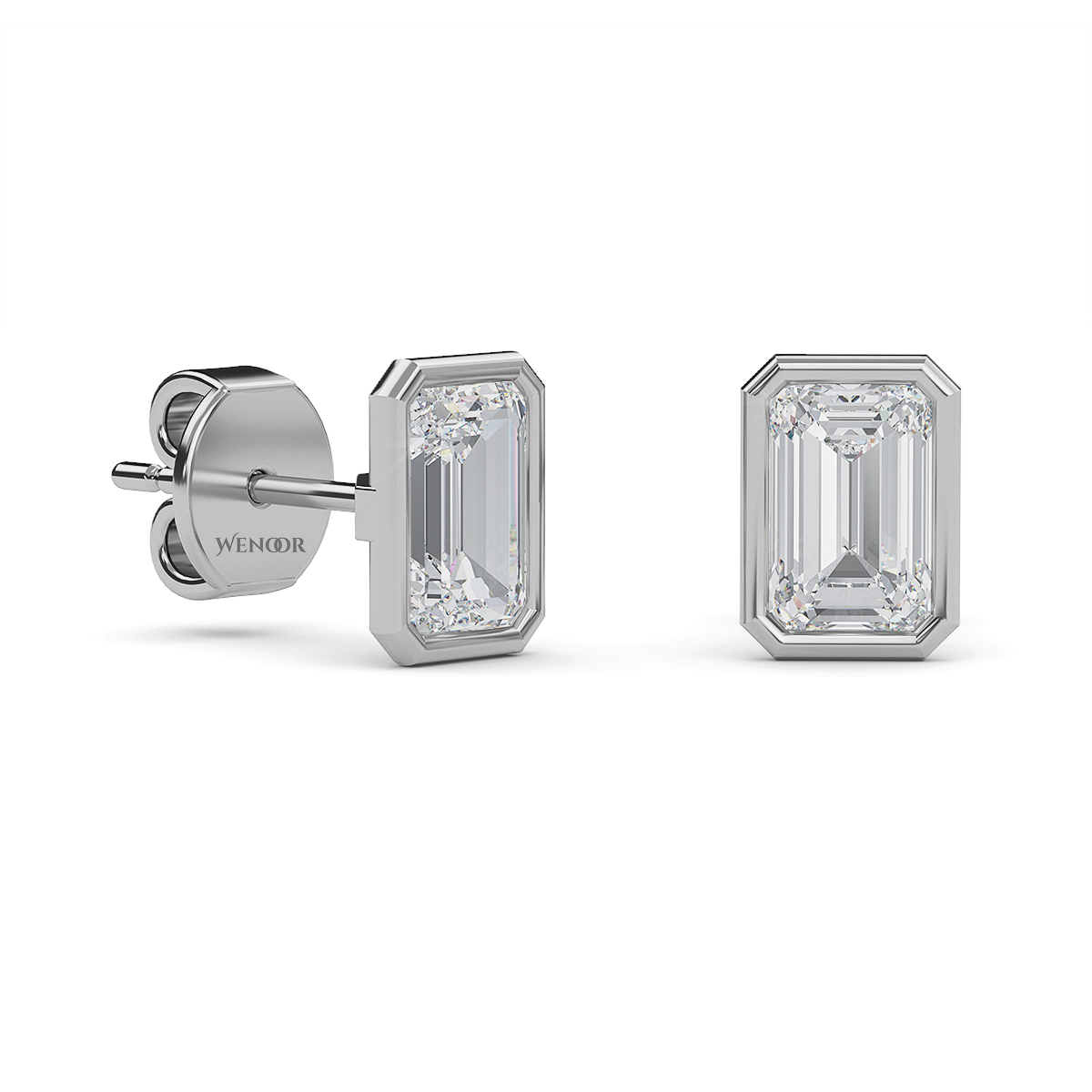 Woman wearing emerald cut bezel stud lab diamond earrings – sustainable fine jewelry