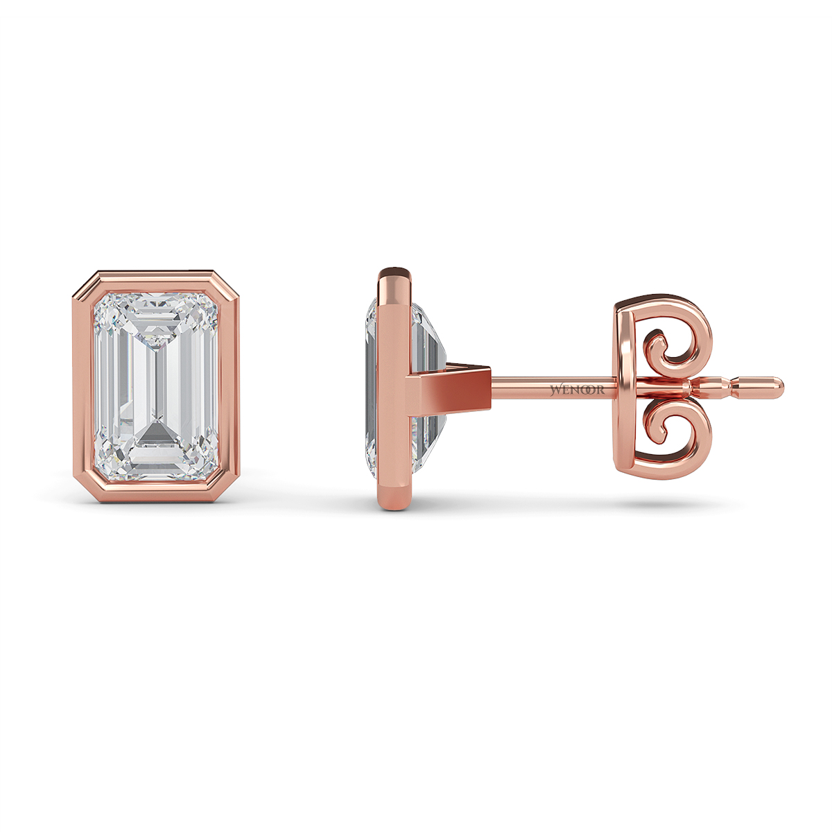 Woman wearing emerald cut bezel stud lab diamond earrings – sustainable fine jewelry