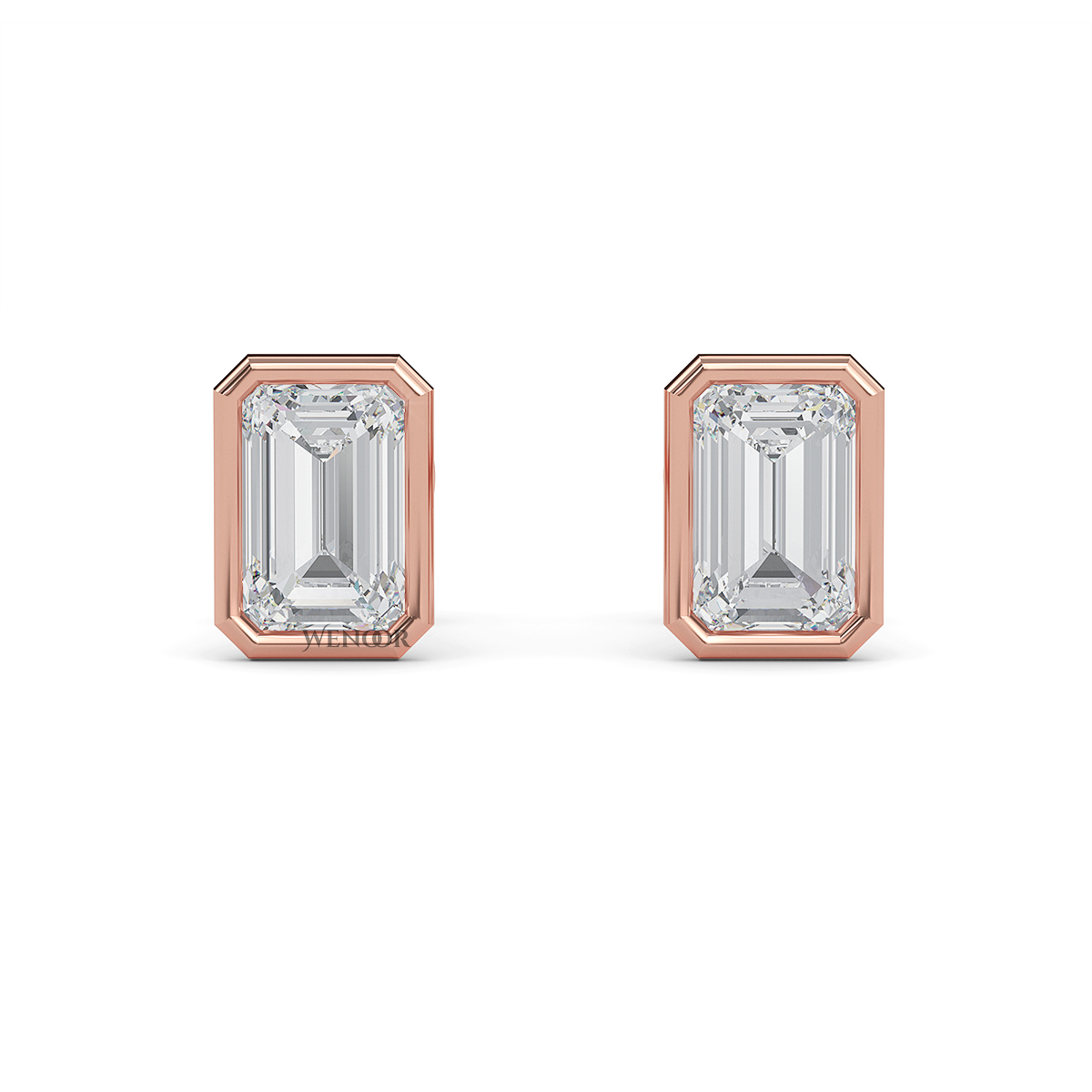 Woman wearing emerald cut bezel stud lab diamond earrings – sustainable fine jewelry