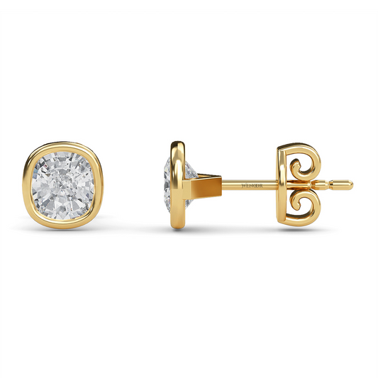 Exquisite cushion cut lab grown diamond stud earrings set in a secure 14K gold bezel setting