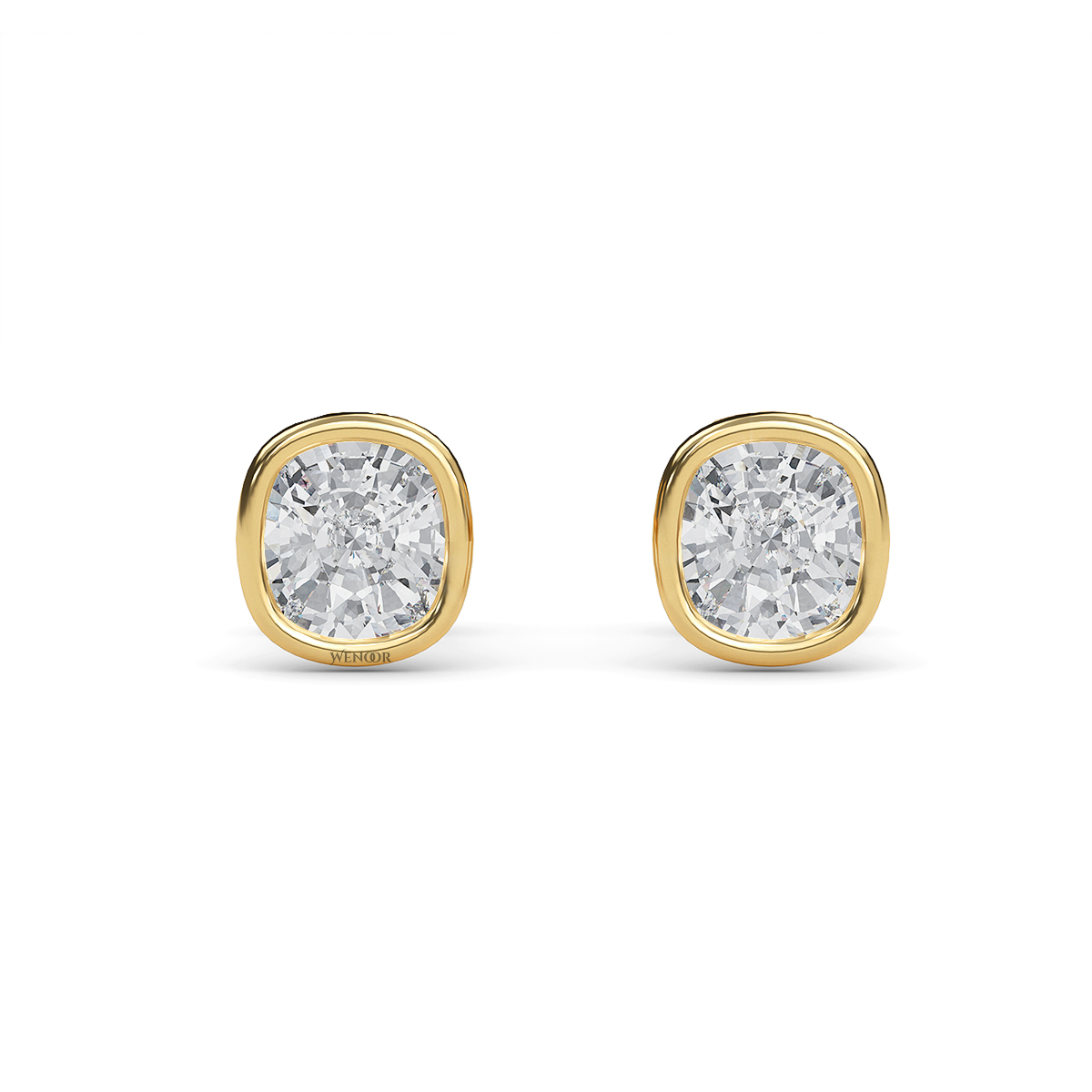 Exquisite cushion cut lab grown diamond stud earrings set in a secure 14K gold bezel setting