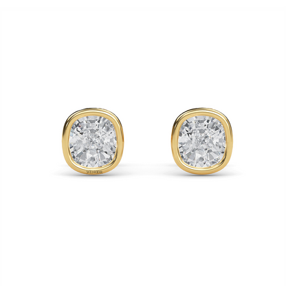 Exquisite cushion cut lab grown diamond stud earrings set in a secure 14K gold bezel setting