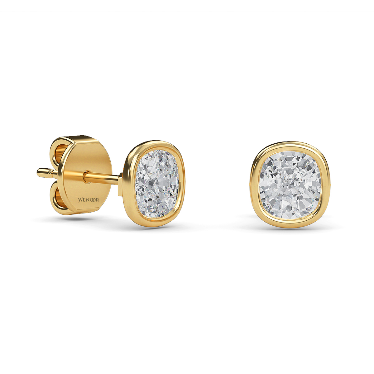 Exquisite cushion cut lab grown diamond stud earrings set in a secure 14K gold bezel setting