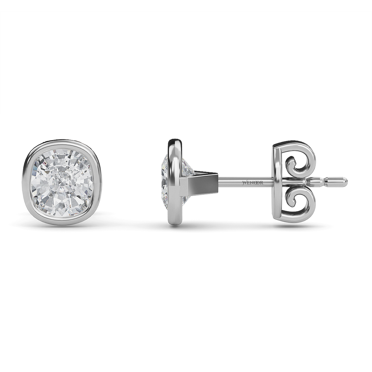 Exquisite cushion cut lab grown diamond stud earrings set in a secure 14K gold bezel setting