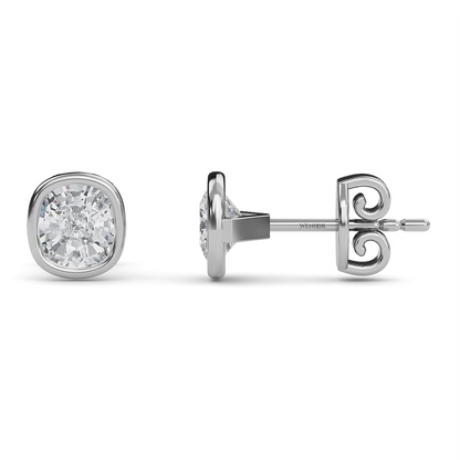 Exquisite cushion cut lab grown diamond stud earrings set in a secure 14K gold bezel setting