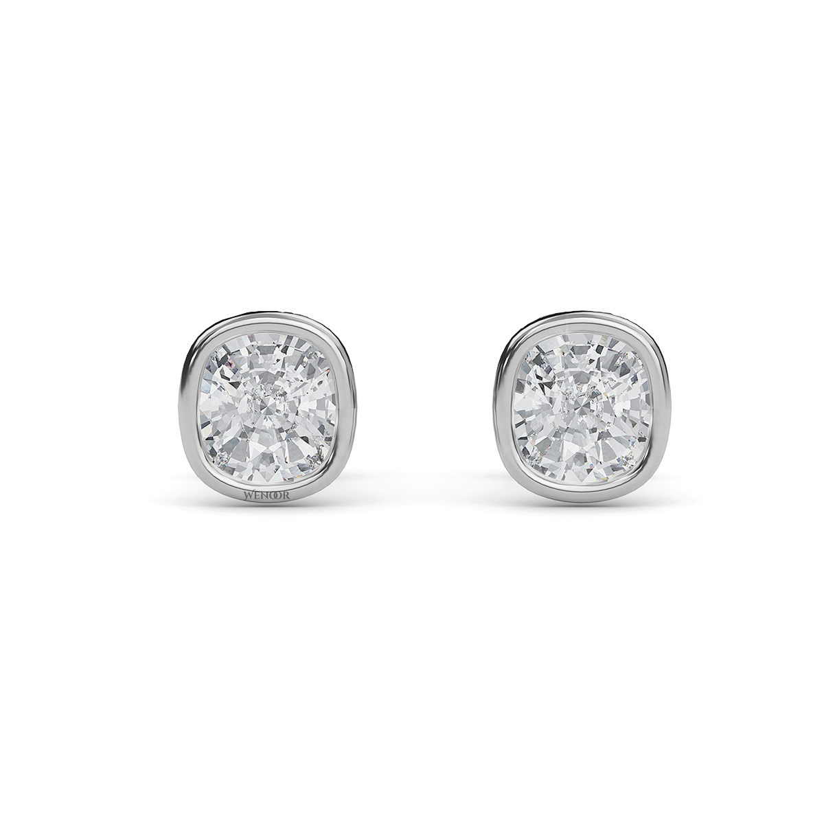 Exquisite cushion cut lab grown diamond stud earrings set in a secure 14K gold bezel setting