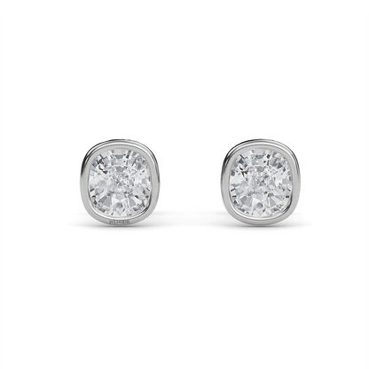Exquisite cushion cut lab grown diamond stud earrings set in a secure 14K gold bezel setting