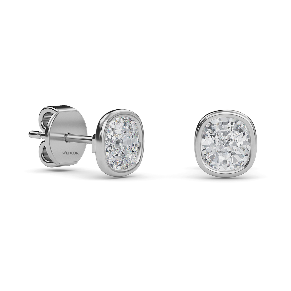 Exquisite cushion cut lab grown diamond stud earrings set in a secure 14K gold bezel setting