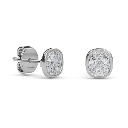 Exquisite cushion cut lab grown diamond stud earrings set in a secure 14K gold bezel setting