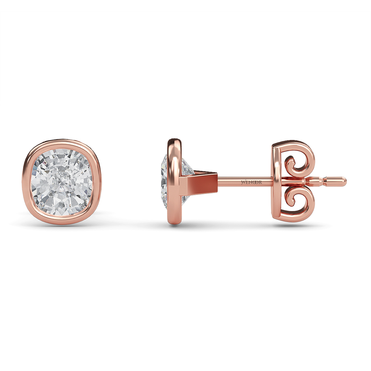 Exquisite cushion cut lab grown diamond stud earrings set in a secure 14K gold bezel setting