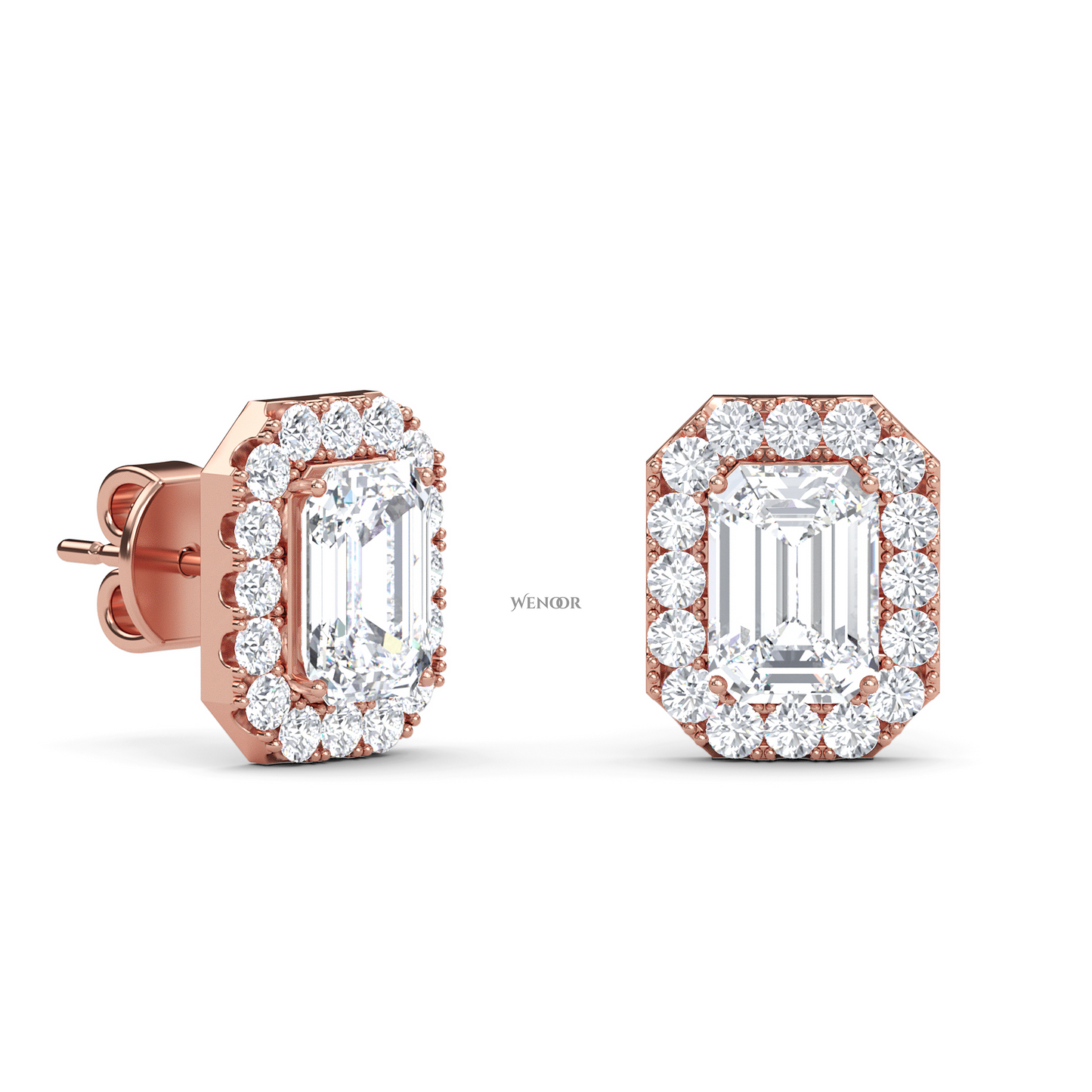 Emerald cut halo stud lab grown diamond - 14k Gold classic earring for women