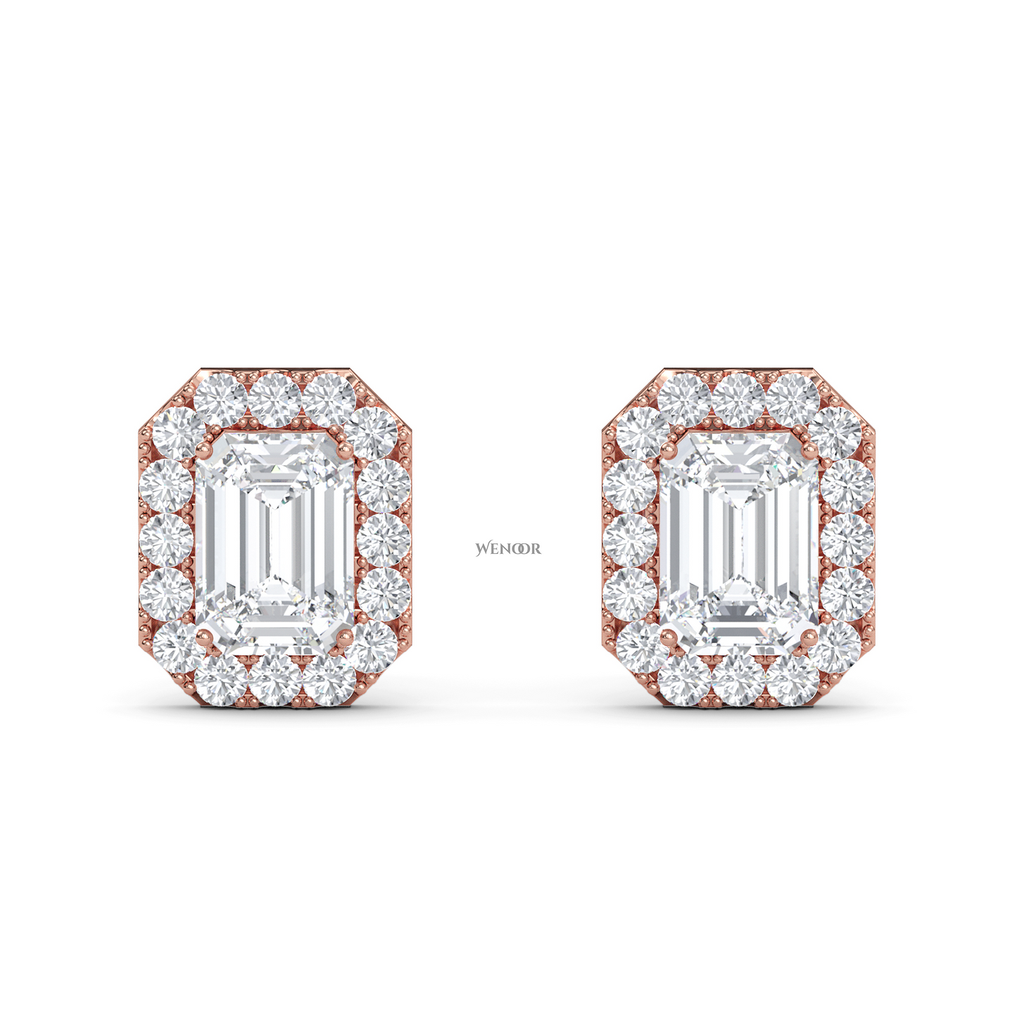 Emerald cut halo stud lab grown diamond - 14k Gold classic earring for women