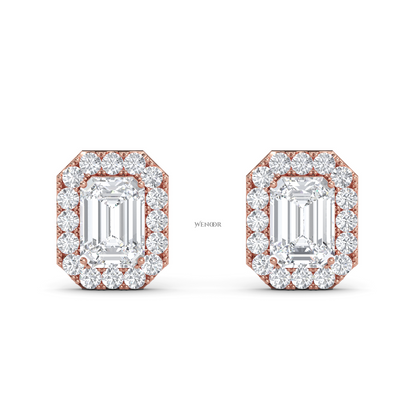 Emerald cut halo stud lab grown diamond - 14k Gold classic earring for women