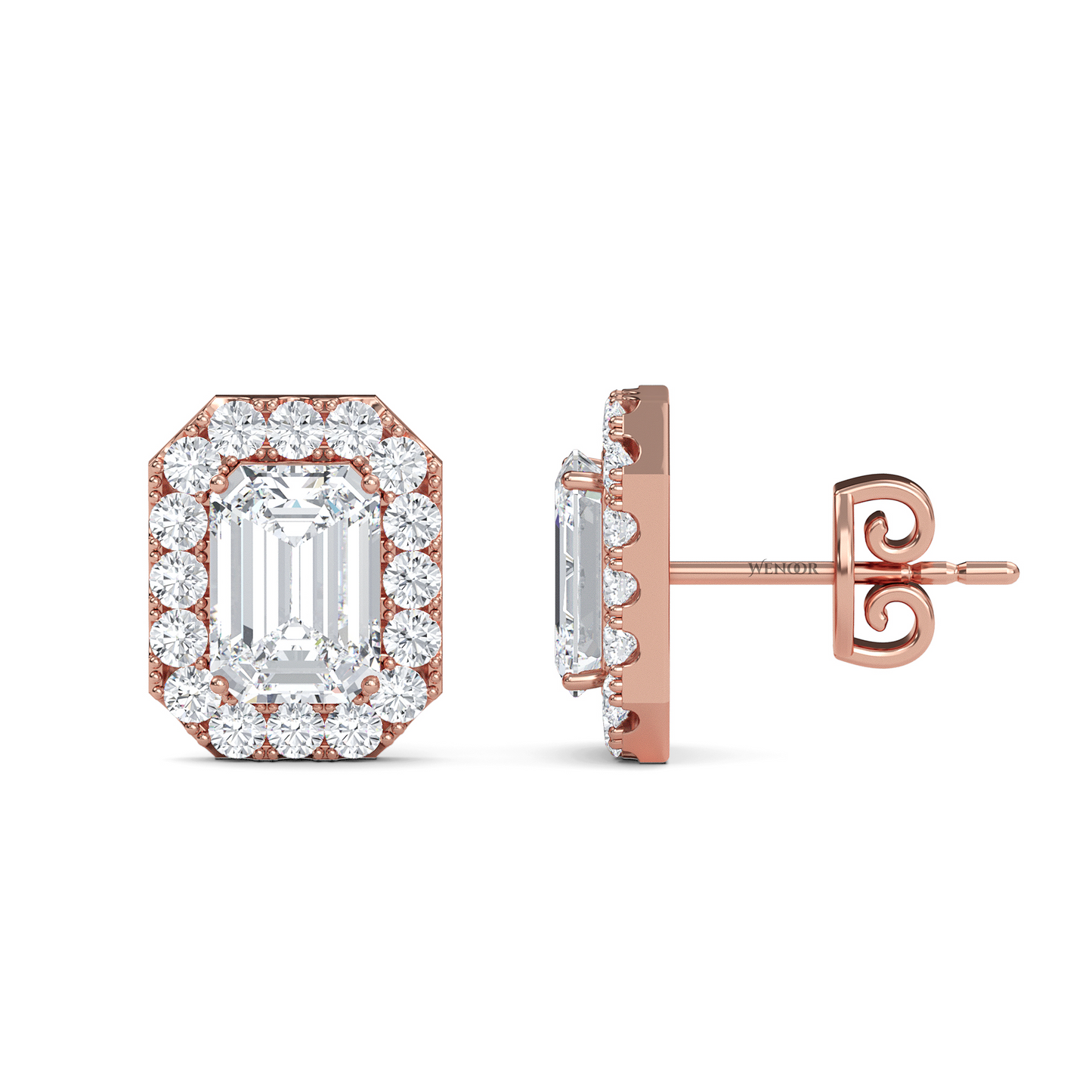 Emerald cut halo stud lab grown diamond - 14k Gold classic earring for women