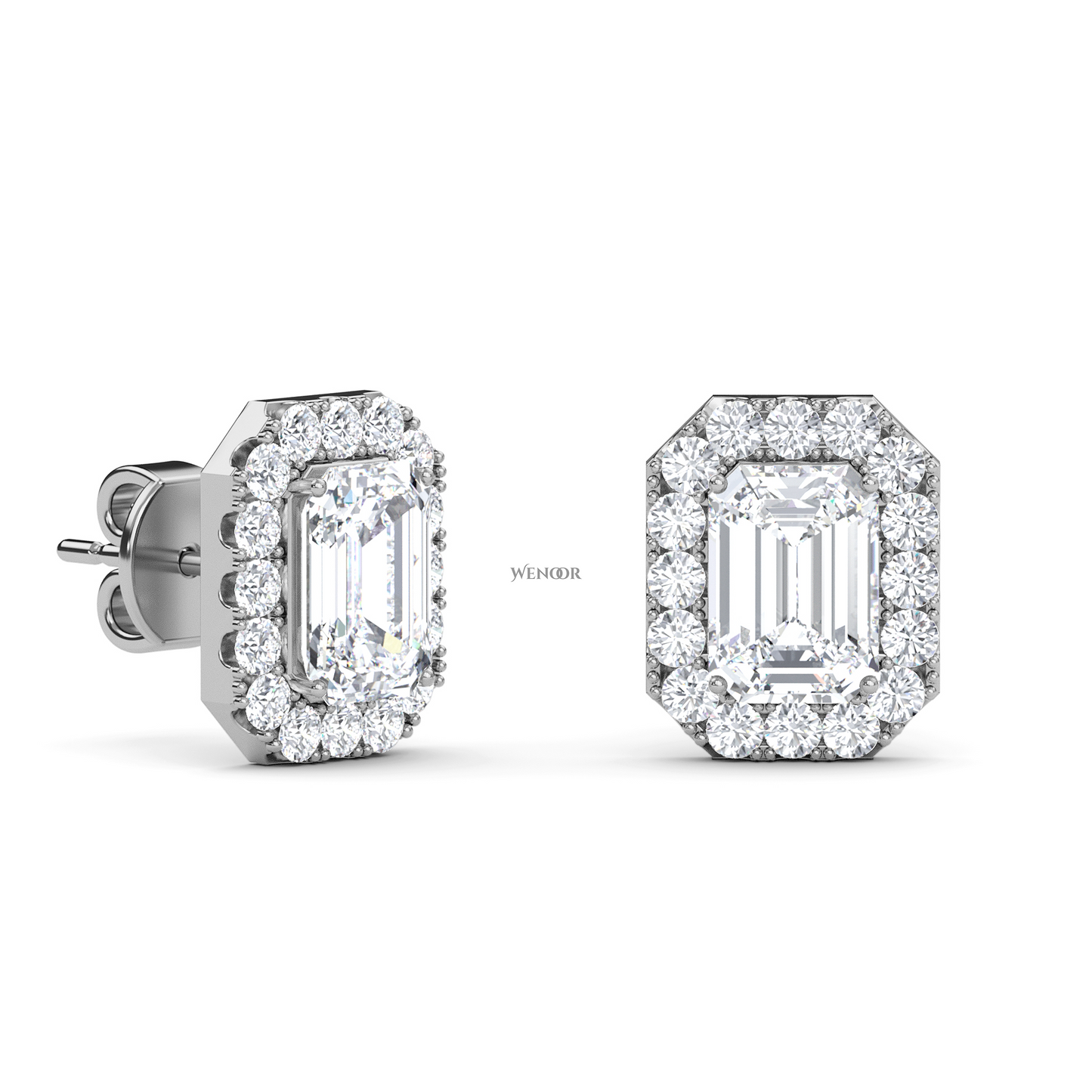 Emerald cut halo stud lab grown diamond - 14k Gold classic earring for women