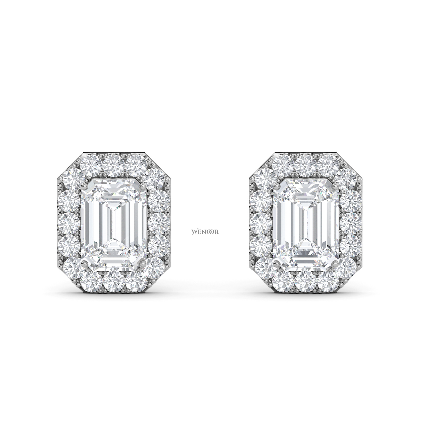 Emerald cut halo stud lab grown diamond - 14k Gold classic earring for women