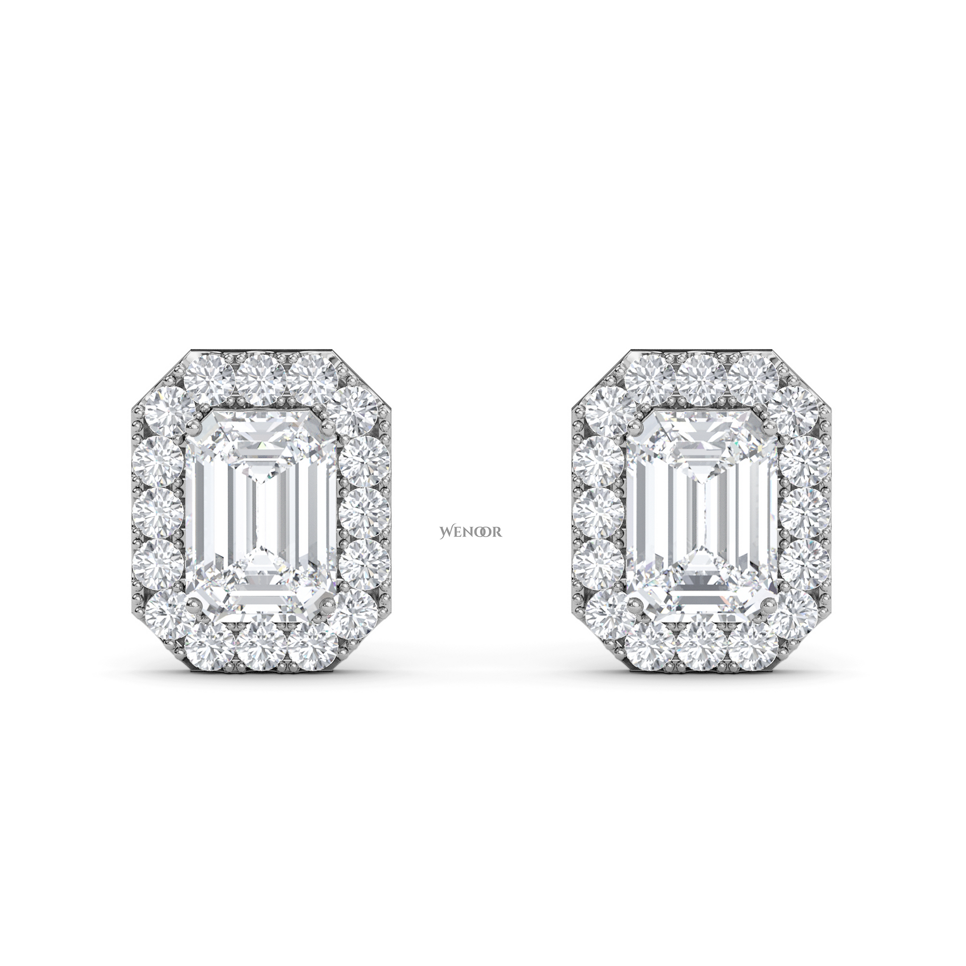 Emerald cut halo stud lab grown diamond - 14k Gold classic earring for women