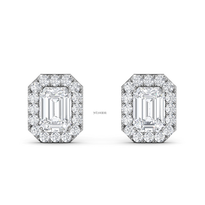 Emerald cut halo stud lab grown diamond - 14k Gold classic earring for women