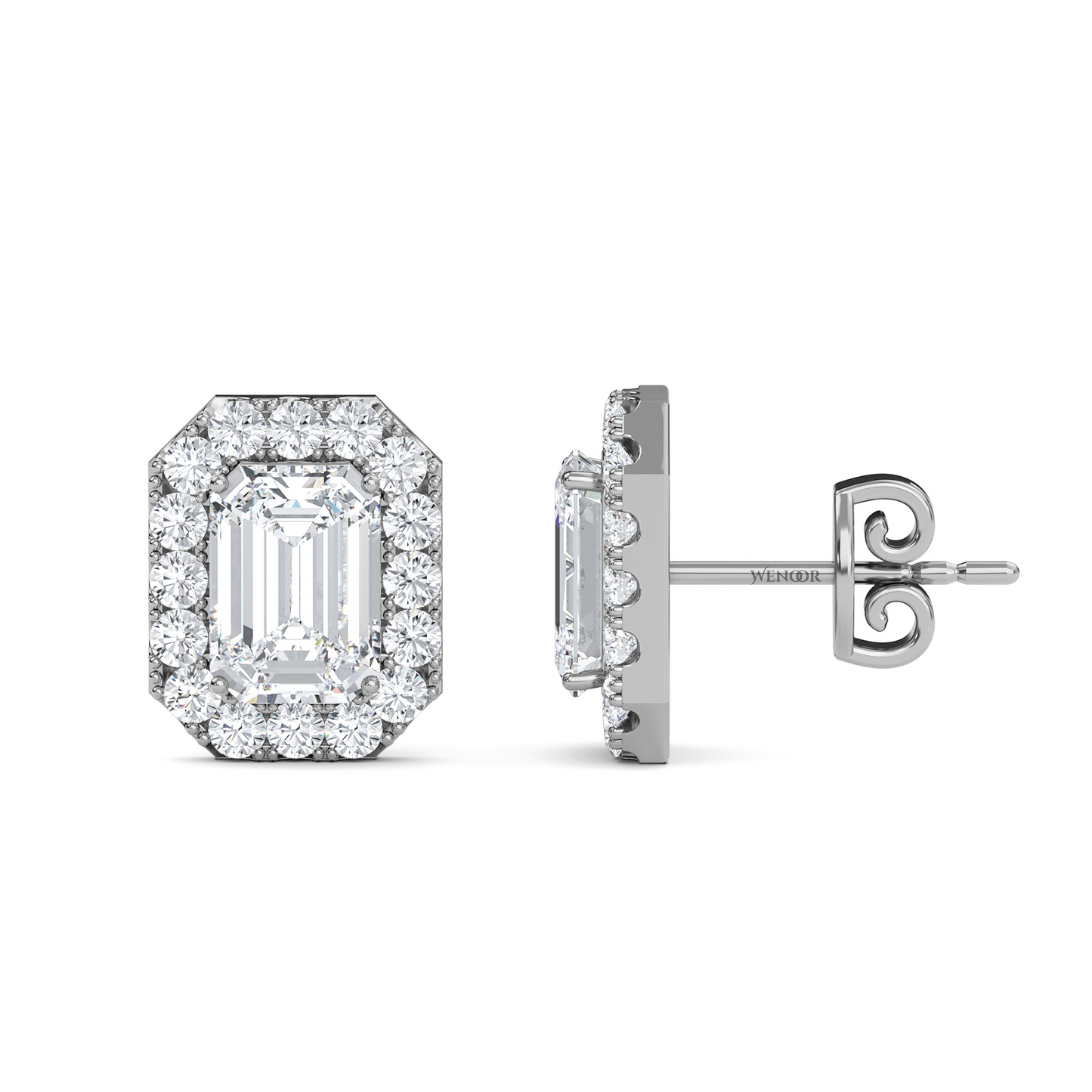 Emerald cut halo stud lab grown diamond - 14k Gold classic earring for women