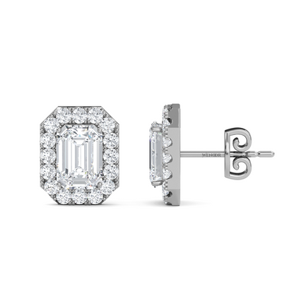 Emerald cut halo stud lab grown diamond - 14k Gold classic earring for women