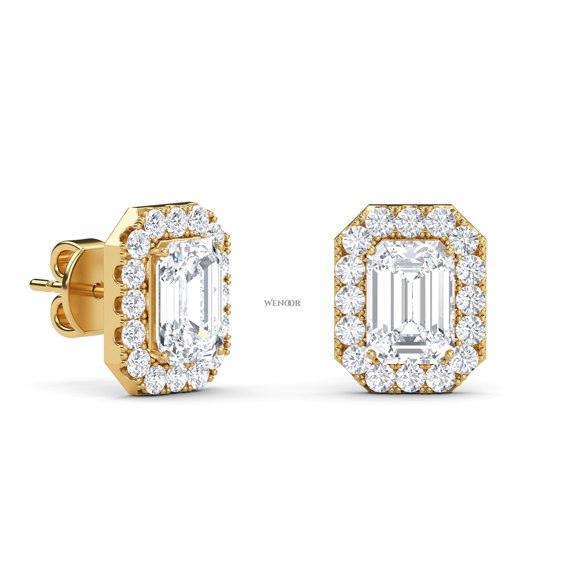 Emerald cut halo stud lab grown diamond - 14k Gold classic earring for women