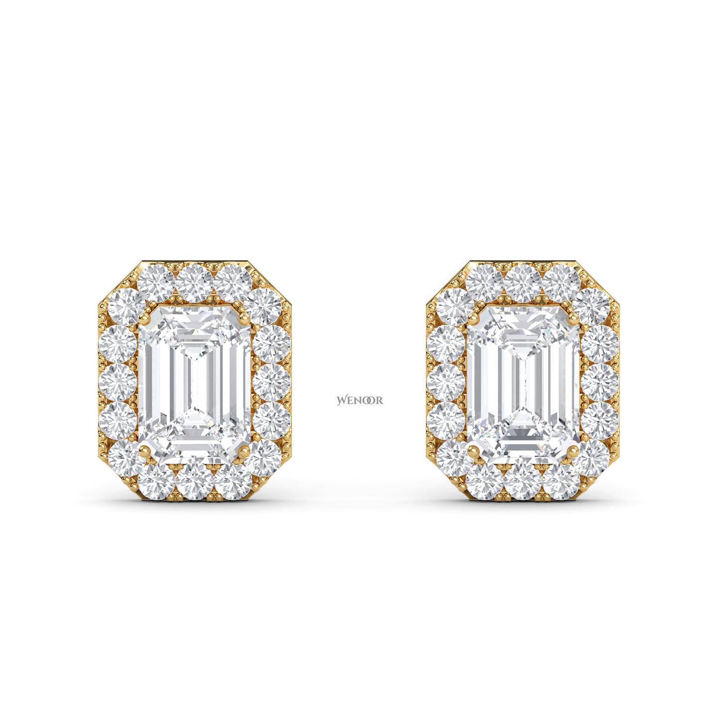 Emerald cut halo stud lab grown diamond - 14k Gold classic earring for women