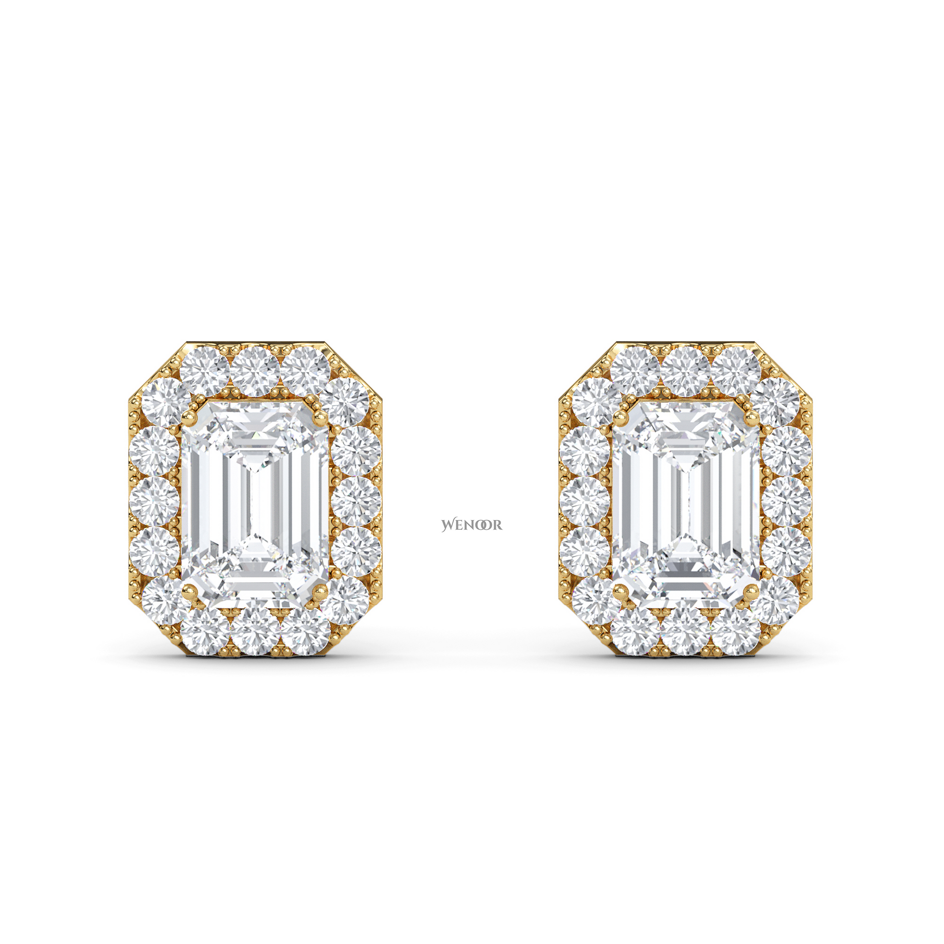 Emerald cut halo stud lab grown diamond - 14k Gold classic earring for women