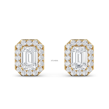 Emerald cut halo stud lab grown diamond - 14k Gold classic earring for women