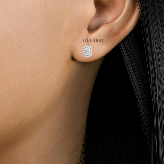 Emerald cut halo stud lab grown diamond - 14k Gold classic earring for women