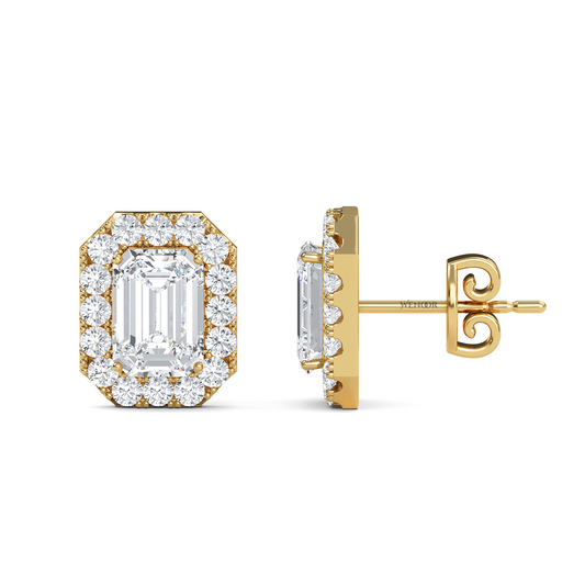 Emerald cut halo stud lab grown diamond - 14k Gold classic earring for women