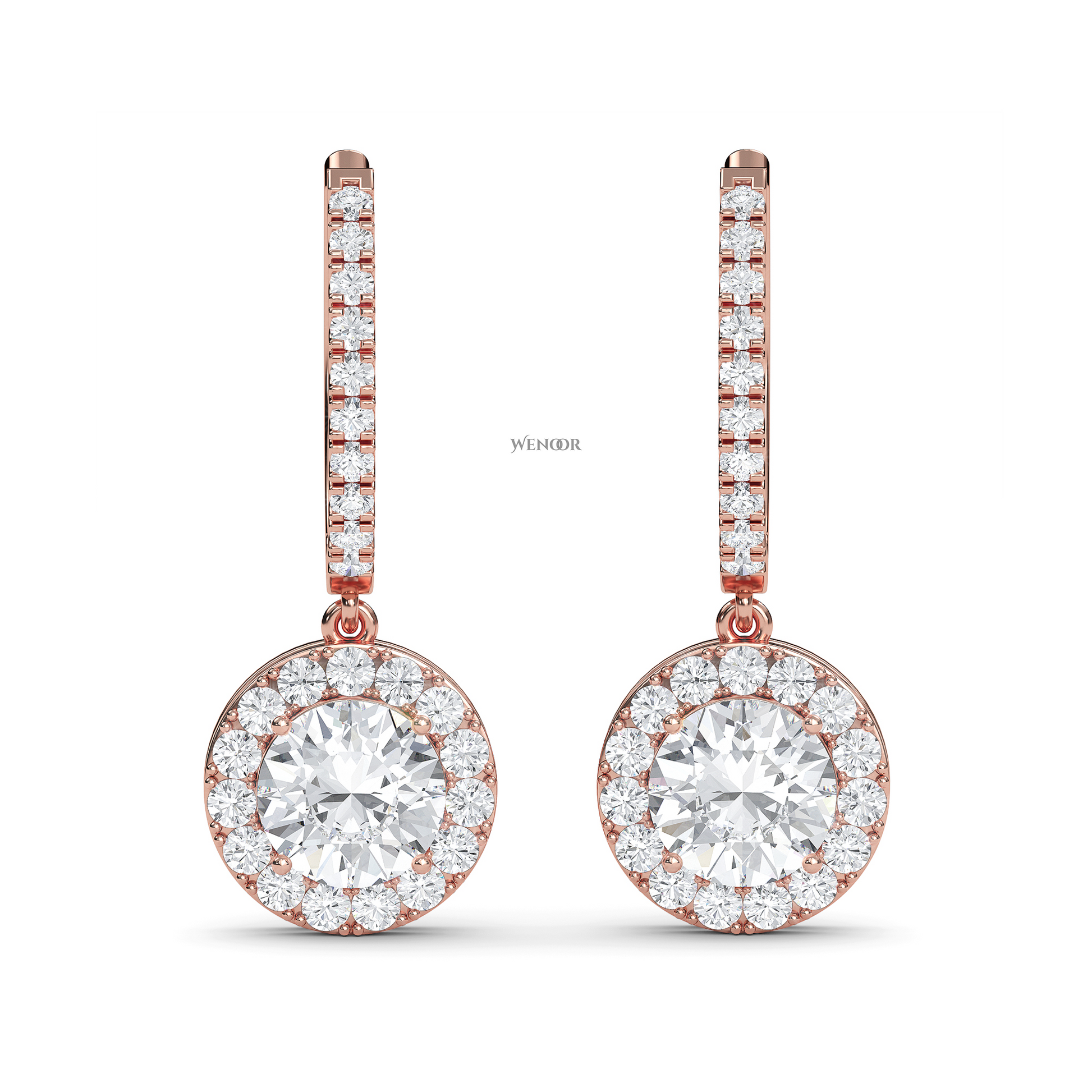 Round halo dangle earrings with lab grown diamonds in 14K gold
