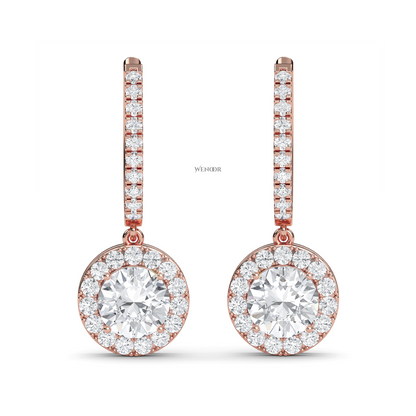 Round halo dangle earrings with lab grown diamonds in 14K gold