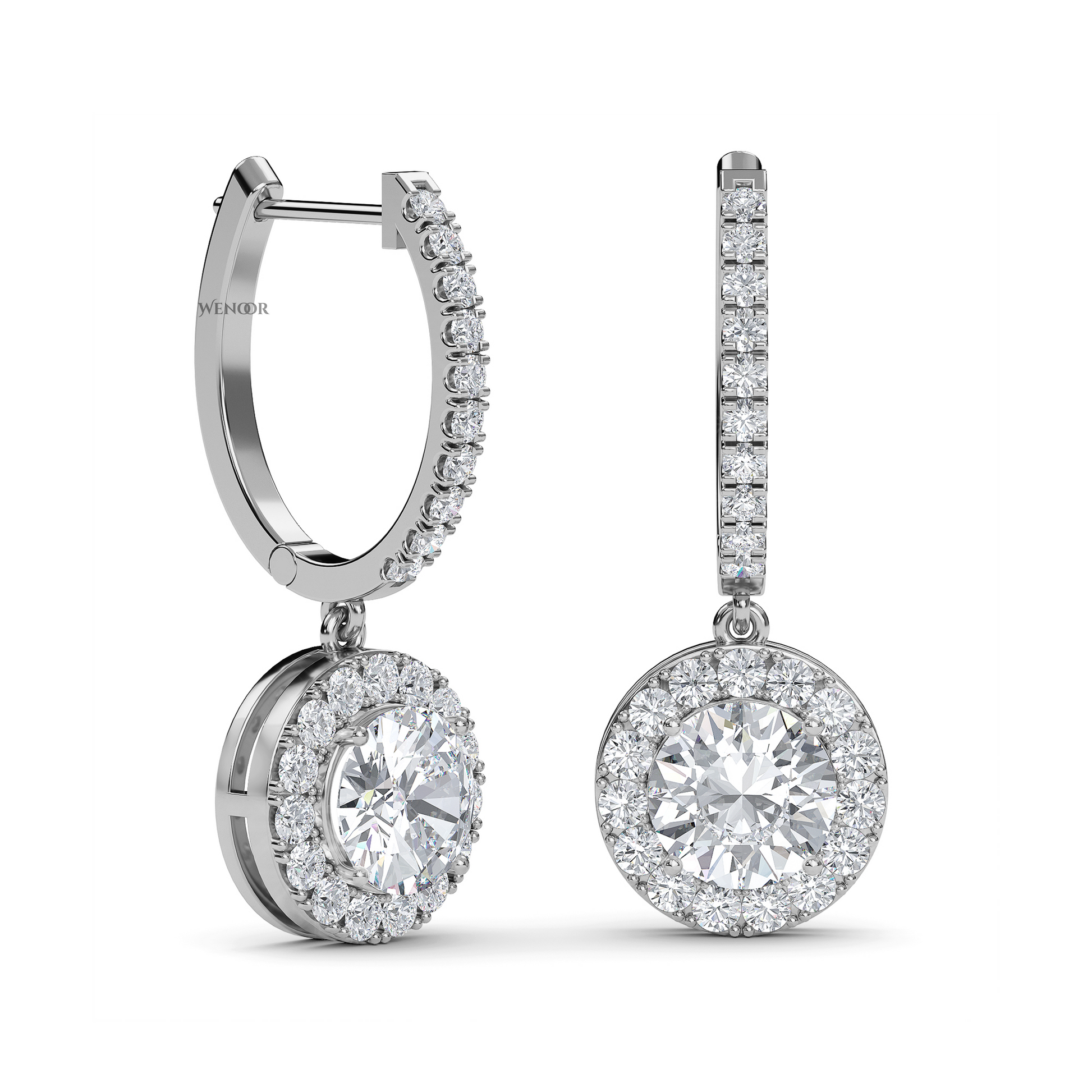 Round halo dangle earrings with lab grown diamonds in 14K gold