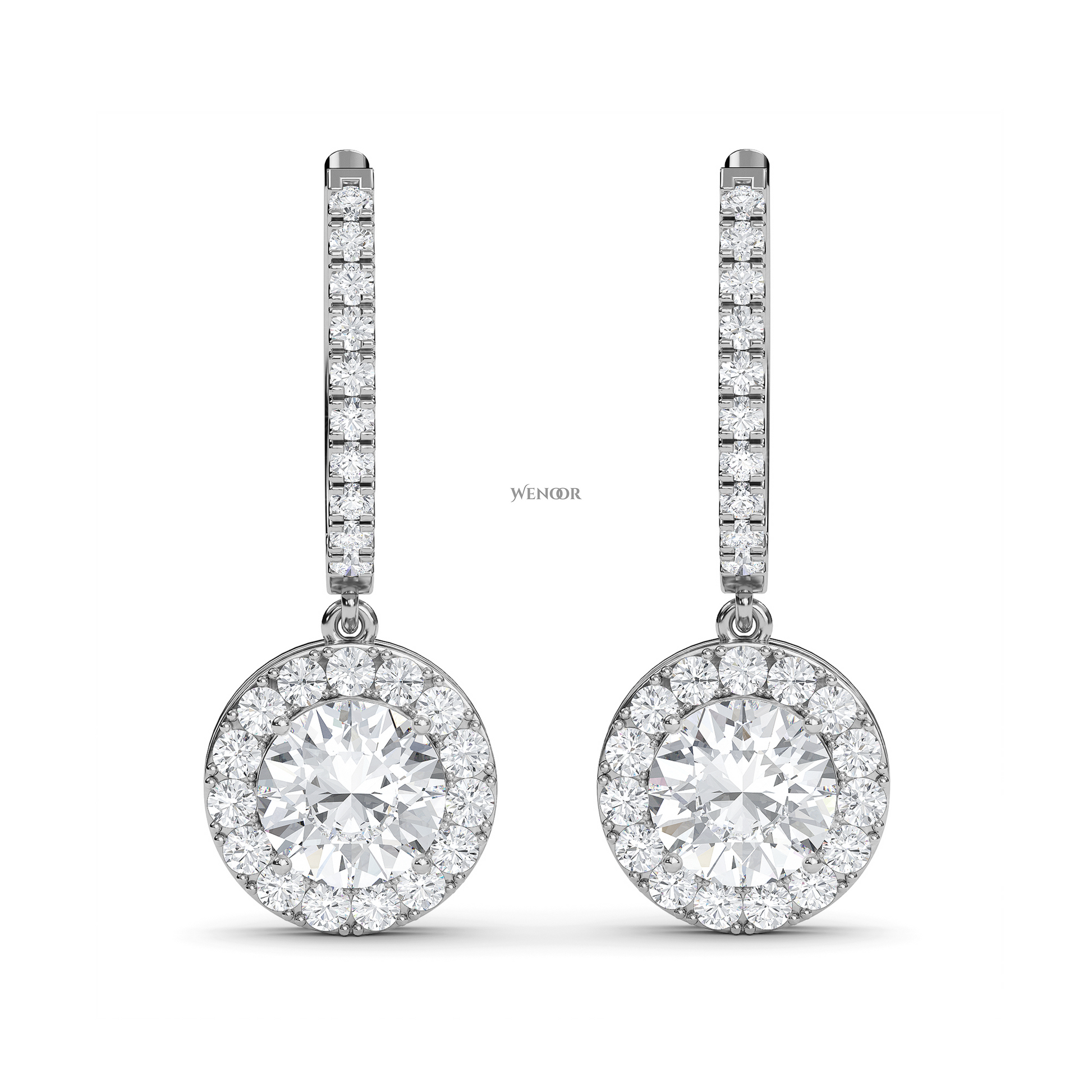 Round halo dangle earrings with lab grown diamonds in 14K gold