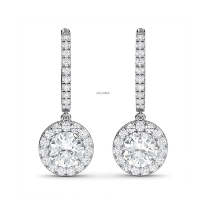 Round halo dangle earrings with lab grown diamonds in 14K gold
