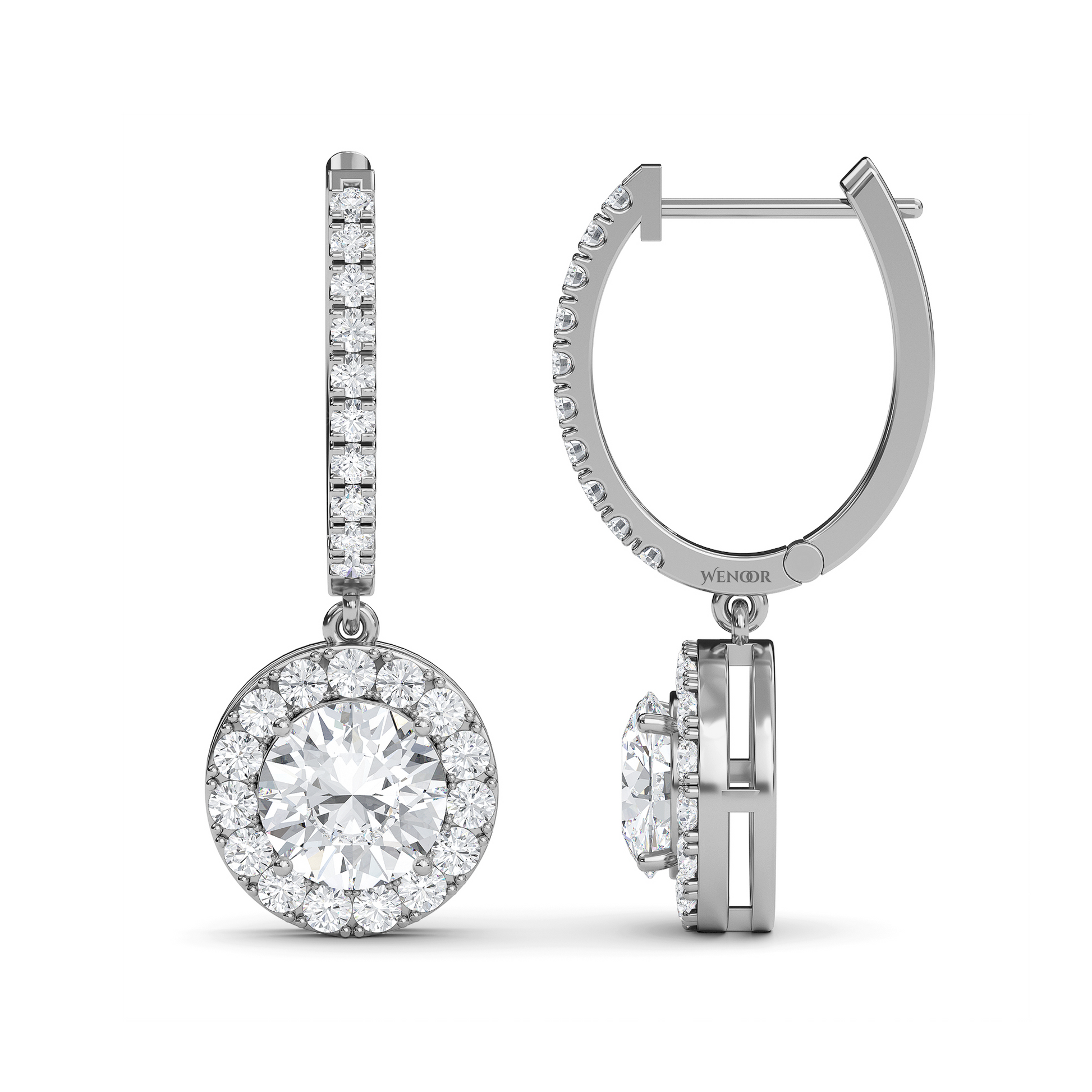 Round halo dangle earrings with lab grown diamonds in 14K gold