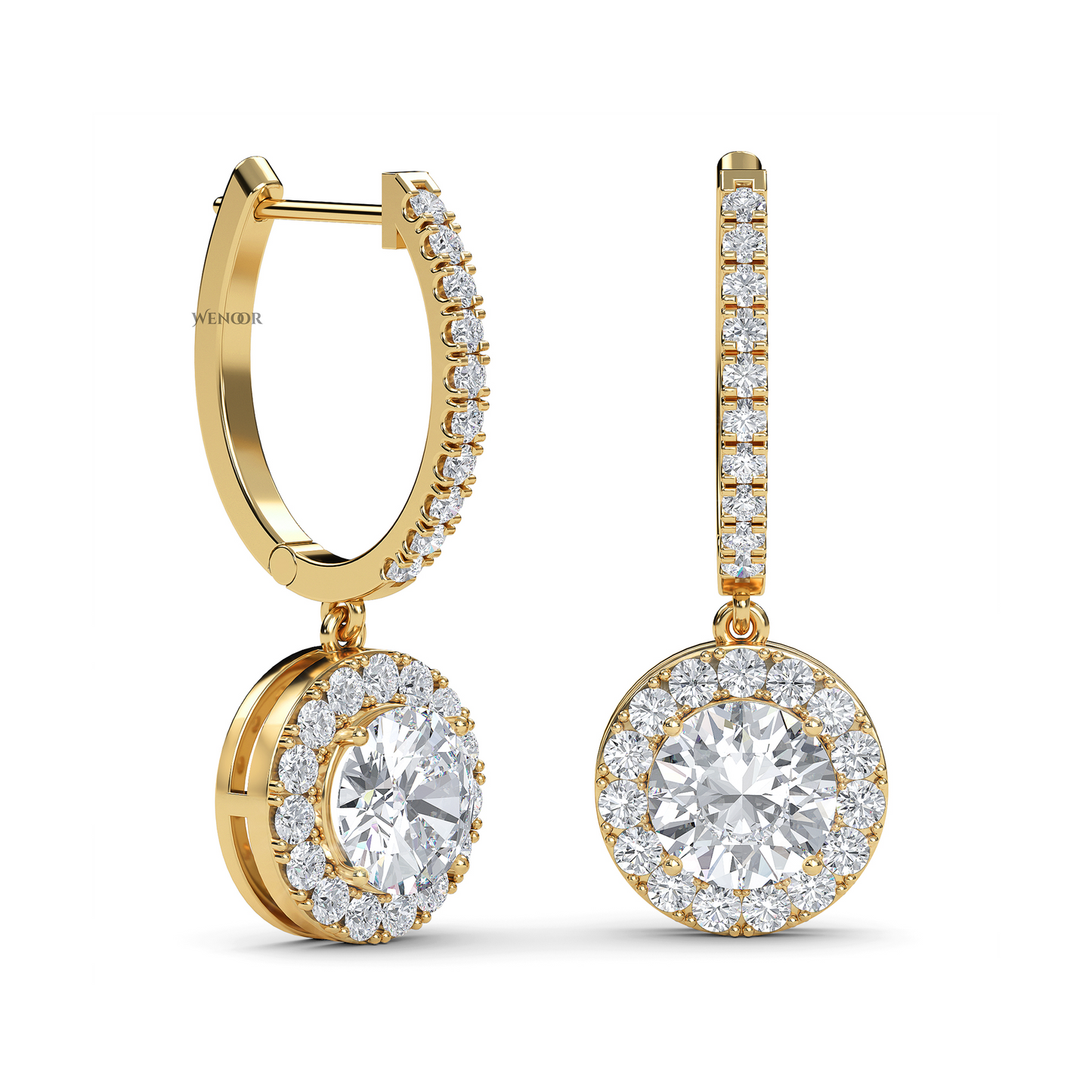 Round halo dangle earrings with lab grown diamonds in 14K gold