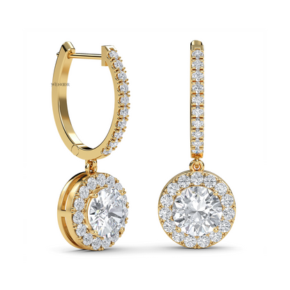 Round halo dangle earrings with lab grown diamonds in 14K gold