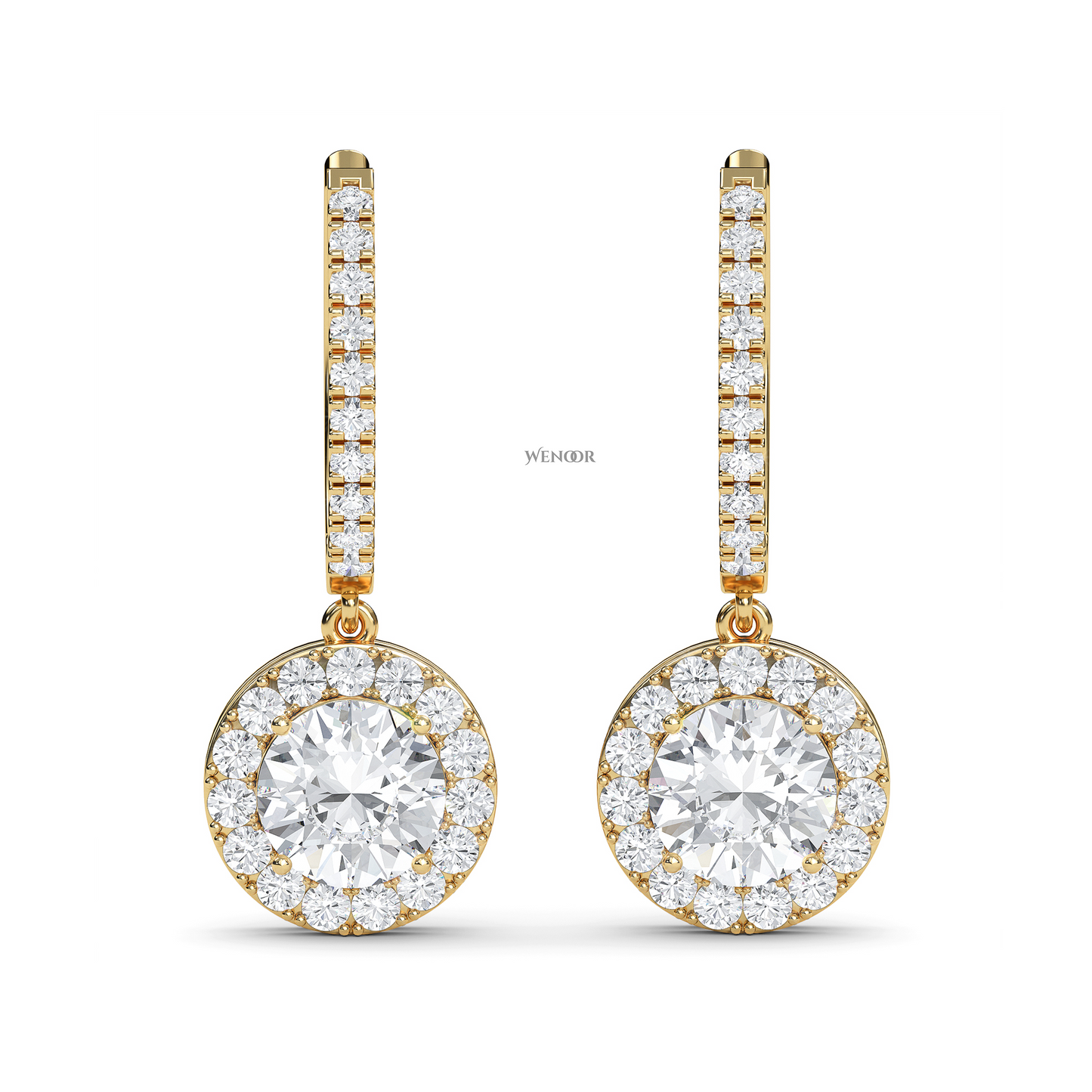 Round halo dangle earrings with lab grown diamonds in 14K gold