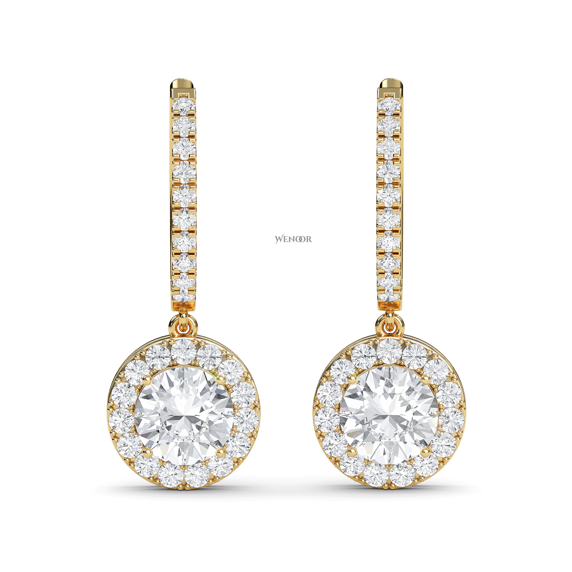 Round halo dangle earrings with lab grown diamonds in 14K gold